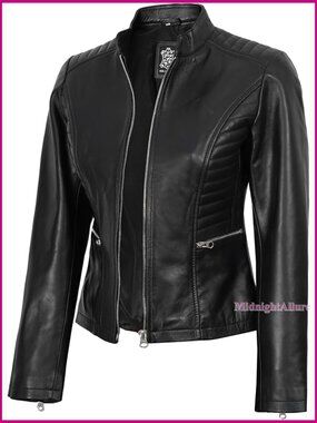 Real Lambskin Leather Jacket Women's Cafe Racer Stand Collar